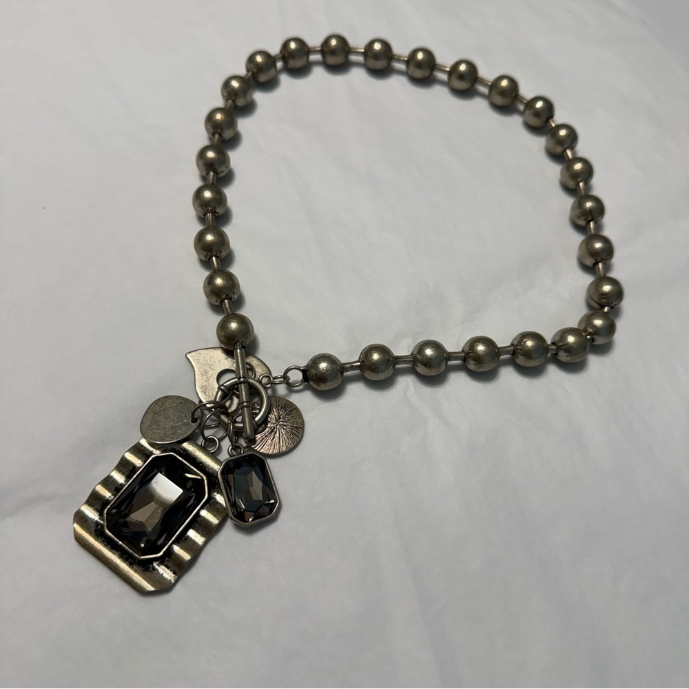 Chunky Charm Necklace Distressed Metal Beads Silver Black